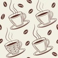 Seamless pattern featuring stylized coffee cups with steam, drawn in brown on a light beige background. Royalty Free Stock Photo