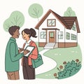 A man and woman are talking in front of a house, a cutely illustrated cartoon-style scene. Royalty Free Stock Photo
