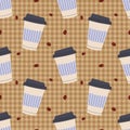 Coffee pattern with takeaway cups and coffee beans on brown checkered background. Royalty Free Stock Photo