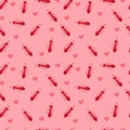 Seamless repeating pattern of small red ants and scattered hearts on a soft pink background Royalty Free Stock Photo
