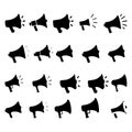 A collection of fifteen black megaphones with different sound waves and designs. Royalty Free Stock Photo