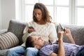 Mobile addiction concept, couple obsessed with apps or social