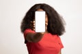 Mobile Advertisement. Unrecognizable African American Woman Covering Face Blank Smartphone