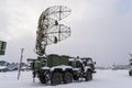 mobile air defense truck with radar antenna. Satellite dishes or radio antennas sky. Royalty Free Stock Photo