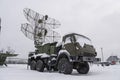 mobile air defense truck with radar antenna. Satellite dishes or radio antennas sky Royalty Free Stock Photo