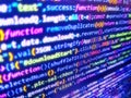 Mobile app building. Screen close up. Script on computer with source code. Programming code. Binary digits code editing. Abstract Royalty Free Stock Photo