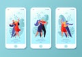 Mobile app page, screen set. Concept for website with flat happy dancing couples people. Young men and women enjoying classical da Royalty Free Stock Photo