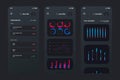 Mobile app design HUD interface elements template. Three variations of screen of this app. UI design concept dark theme