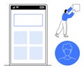 Mobile App Wireframe Design with User Interface Elements and Illustration of a Person Interacting with Content Royalty Free Stock Photo