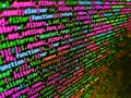 Mobile app developer. Programmer workplace. Programing workflow abstract algorithm concept. Screen of web developing code on dark Royalty Free Stock Photo