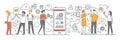 Mobile App Development A Collaborative Process for Success A team of people collaborate around a large smartphone representing