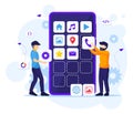 Mobile app development concept, People building and create software application on a giant smartphone flat vector illustration Royalty Free Stock Photo