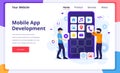 Mobile app development concept, People building and create software application on a giant smartphone. Modern flat web page design Royalty Free Stock Photo