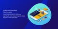 Mobile app development isometric vector illustration,  user interface design, coding programming application testing, internet. Royalty Free Stock Photo