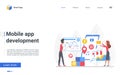 Mobile app development landing page, designer people create develop content, manage data