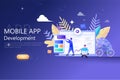 Mobile App Development Modern Flat Design for web template , Developers working on mobile app , Software prototyping and testing Royalty Free Stock Photo