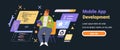 Mobile app development programmer coding software tools. Developer holding tablet and smartphone surrounded by code