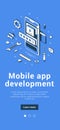 Mobile app development software user interface innovation programming design banner isometric vector