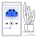 Mobile app interface with audio player and decorative indoor plant for relaxation and mindfulness Royalty Free Stock Photo