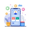 Mobile app interface design with settings and profile options, illustrated in a bright, colorful style Royalty Free Stock Photo