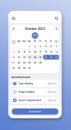 Mobile app interface displaying a calendar for October 2023. The current date, Royalty Free Stock Photo
