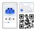 Mobile App Interface with Media Player, Analytics Dashboard, and Scannable QR Code Royalty Free Stock Photo