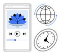 Mobile app interface with meditation screen, global connection icon, and analog clock Royalty Free Stock Photo