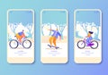 Set of mobile app page, screen set on healthy lifestyle theme. Active people sports.