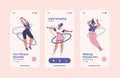 Mobile app page onboard screen template hula hoop exercises, morning exercise, fitness and sports for girls.