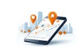 Mobile app with navigation map and location pins on white isolate background Royalty Free Stock Photo