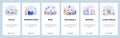 Mobile app onboarding screens. Business and office interior, meeting and coffee break, financial documents.Vector banner Royalty Free Stock Photo