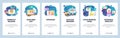 Mobile app onboarding screens. Business strategy, new product release, data sync. Menu vector banner template for