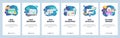 Mobile app onboarding screens. Computer bug fixing and testing, website analysis, backup. Menu vector banner template