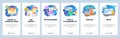 Mobile app onboarding screens. 404 error message, female software engineer, coding, search vulnerability. Vector banner