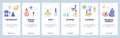 Mobile app onboarding screens. Morning routine icons, deodorant, dental floss, soap, shower, washing powder. Vector