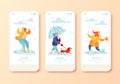 Mobile app page, onboard screen set with kids characters jumping in puddles