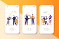 Partnership, business, teamwork, relations in collective mobile app page onboard screen set.