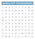 Mobile app programming line icons, signs set. Programming, Mobile, Apps, Development, Android, iOS, Swift, Kotlin