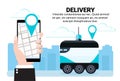 Mobile app robot self drive fast delivery goods navigation map app in city car robotic carry concept cityscape