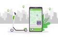 Mobile app for scooter sharing. Electric lime kick scooter on cityscape background. Phone application with map and
