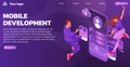 Mobile app. Smartphone software development landing page. Isometric phone screen. People customers create user