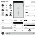 Mobile app user interface design with various elements like icons, buttons, sliders, Royalty Free Stock Photo