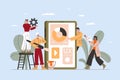 Mobile application build. Development team working on digital product. Designers and programmers create smartphone
