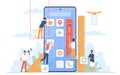 Mobile application build. UI designers and programmers group create new phone software, digital developers, app