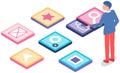 Mobile application development concept, designer and developer using buttons with app signs Royalty Free Stock Photo