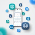 Mobile application development, UI, UX project concept. 3d icons flying over screen. Business user interface design Royalty Free Stock Photo