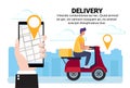 Mobile application location delivery man ride scooter box concept navigation geo tag online app fast free transport