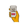 Mobile application, QR code scanning in smartphone color line icon. City transport rental. Pictogram for web, mobile app, promo.