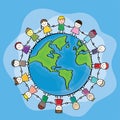 Children hand in hand around the world Cartoon Royalty Free Stock Photo