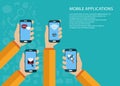 Mobile applications concept. Hands with phones. Flat vector illustration. Royalty Free Stock Photo